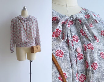 SALE - Vintage '80s 'Cabbage Roses' Ribbon & Ruffle Collar Blouse XS S M