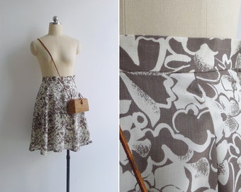 Vintage '80s Khaki Brown & White Abstract Floral Print Skirt XXS