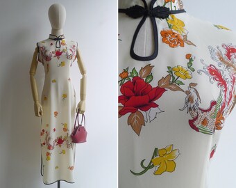 Vintage 90's 'Rose & Rooster' Print Cheongsam Dress L