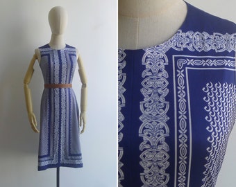 SALE - Vintage '80s Blue Baroque Geometric Print Midi Dress S