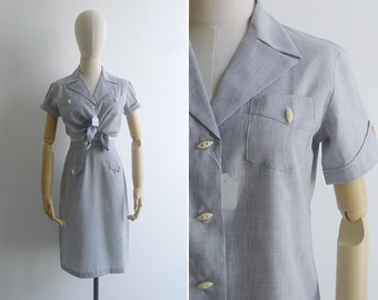 SALE - Vintage '70s Grey Chambray Matching Two Piece Top & Skirt Set XS-S