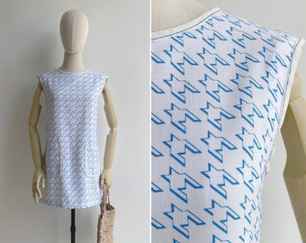 SALE - Vintage '70s Blue & White Houndstooth Check Print Tunic Top Mini Dress XS