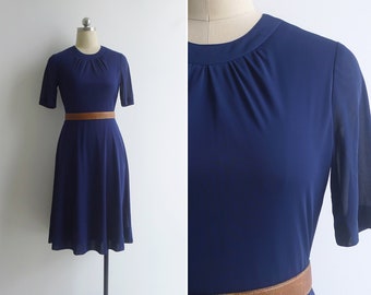 SALE - Vintage '80s Navy Blue Classic Polyester Knit Midi Dress S