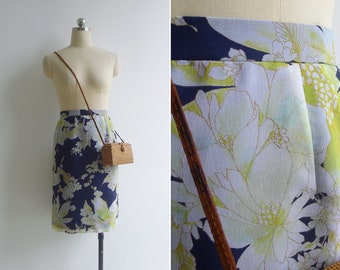 SALE - Vintage '70s Neon Lime Yellow Floral Navy Blue Skirt M