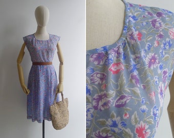 SALE - Vintage '80s Periwinkle Lilac Purple Floral Print Midi Dress S