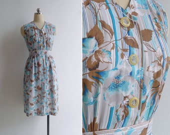 SALE - Vintage '80s 'Wallflower' Striped Floral Brown & Blue V-Neck Dress XS-S