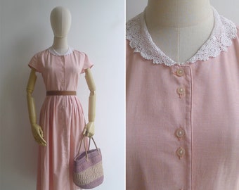 SALE - Vintage '80s Pink Linen Blend White Crochet Lace Collar Midi Dress S