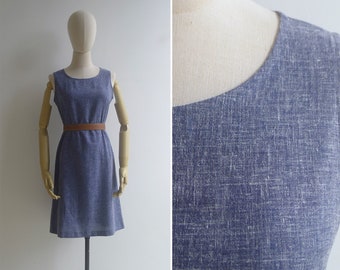 SALE - Vintage '90s Indigo Blue Chambray Linen Blend Shift Dress S