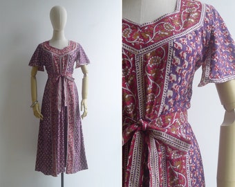 SALE - Vintage '70s 'Khilana' Indian Woodblock Floral Print Wrap Dress XS-S