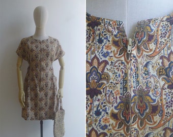 SALE - Vintage '80s Fleur De Lis Boho Print Zip Front Tie Waist Dress XS S M