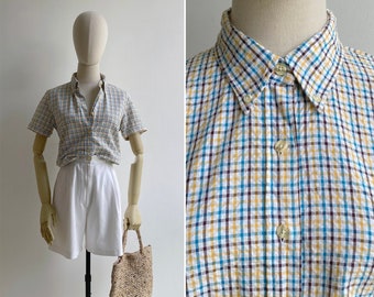 Vintage '80s Seersucker Checkered Short Sleeve Shirt Top XS-S