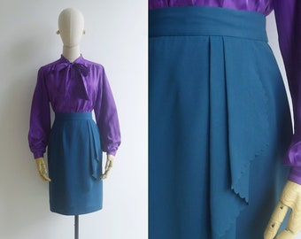 Vintage '80s Teal Green Scalloped Draped Pencil Skirt S