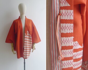 SALE - Vintage '50s Fiery Vermillion Silk Shibori Tie Dye Kimono Robe XS S M