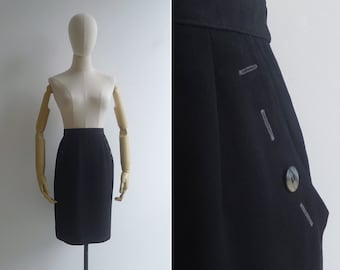 SALE - Vintage '80s '90s Black Pencil Skirt with Button Hole Detail S-M