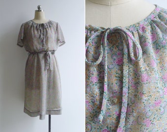 50% OFF - Vintage '70s Wildflowers Ribbon Bow Blouson Dress & Belt M-L