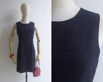 Vintage '90s Midnight Blue Wool Crepe Shift Dress S