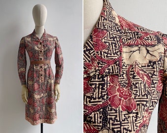 SALE - Vintage 70's Batik Floral Print Cotton Shirt Dress XXS-XS