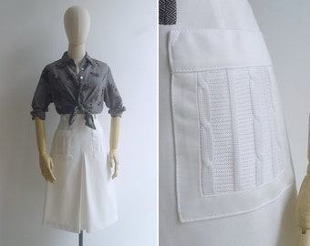 Vintage '70s White A-Line Skirt with Cable Knit Pockets S