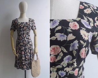 SALE - Vintage '90s Grunge Floral Rose Rayon Square Neck Dress S-M