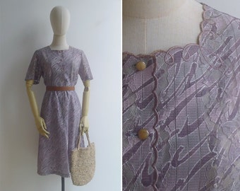 Robe midi violette avec napperon en dentelle et imprimé abstrait vintage des années 80 M-L