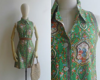 SALE - Vintage '70s Green Baroque Floral Print Collared Shirt Dress XS-S