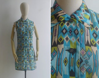 Vintage '70s Aqua Blue Ikat Abstract Print Shift Dress XS-S