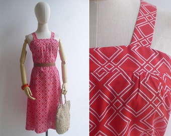 SALE - Vintage '70s Tomato Red Geometric Print Smocked Sun Dress M L XL