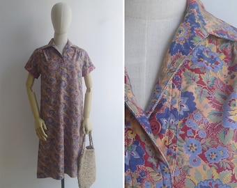 Vintage 70's Boho Floral Popover Cotton Shirt Dress S-M