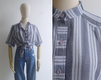 Vintage '80s Blue Striped Mandarin Collar Blouse M-L