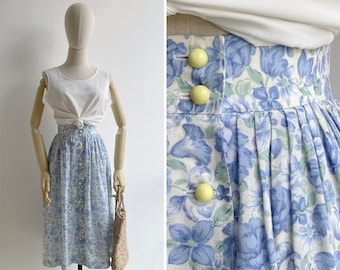 Vintage '80s Cornflower Blue Floral Print Midi Skirt with Pockets XS