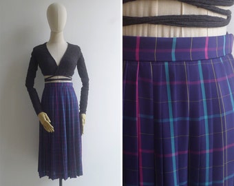 SALE - Vintage '80s Purple Plaid Pleated Midi Skirt S