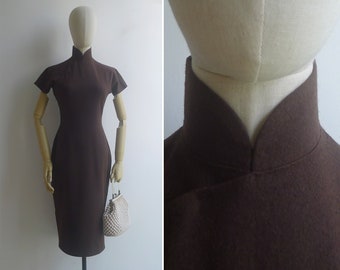 Vintage '50s Chocolate Brown Wool Cheongsam XS-S