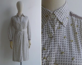 SALE - Vintage '70s Geometric Paisley Print Shirt Dress S-M