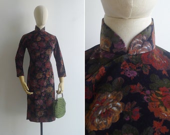 Vintage '70s Moody Floral Black Cheongsam Dress S