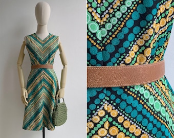 Vintage '70s Green Graphic Spot Op Art Chevron Print Dress XS-S