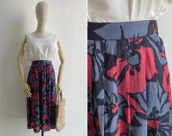 SALE - Vintage '80s Grey & Red Abstract Floral Midi Skirt with Side Buttons XS