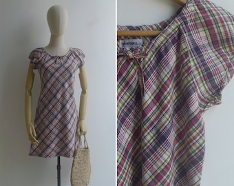 SALE - Vintage 90er Jahre Y2K Kariertes gerafftes Ausschnitt Mini Kleid XS