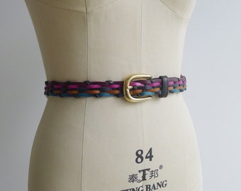 SALE - Vintage '80s '90s Rainbow Leather Braided Belt S M L XL