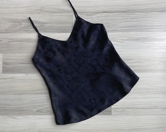 Vintage 90s Black Paisley Silky Camisole Tank XS-S, Embossed Textured V-Neck Spaghetti Strap Top