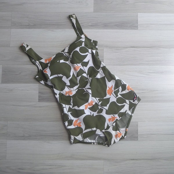 Vintage '60s JANTZEN Olive Green Leaf Print Swimsuit M-L