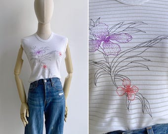 Vintage 80s Deadstock White Capped Sleeve Ringer Tee with Floral Design XS S M, Retro Textured Stripe, Sheer Slim Fit Scoop Neck T-Shirt