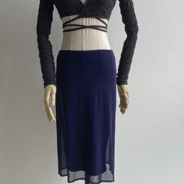 Falda vintage de nailon transparente de Vivienne Tam, años 90, en azul marino, tallas XS y S, estilo minimalista retro de talle alto o bajo, ribete de encaje de picot.