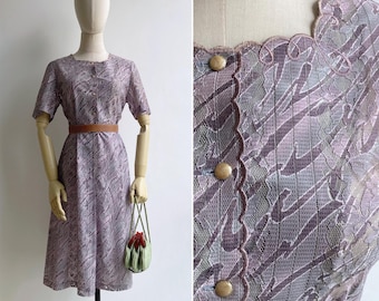 Vintage 80s Doily Lace Purple Abstract Print Dress, M-L, Pastel Square Neck Midi with Scalloped Embroidery, High Waist & A-Line Silhouette