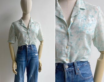 Vintage 80s Aqua Green & White Granny Chic Floral Print Peplum Blouse S-M, Retro Collared Top