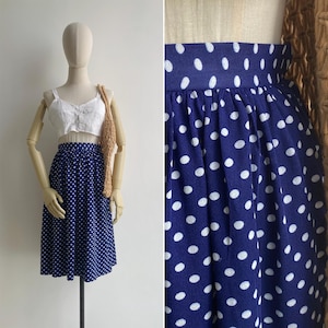 Vintage 1980s Blue & White Polka Dot Midi Skirt XXS, Retro Japanese High-Waisted Full Gathered Summer Skirt with Side Zip and Hook Closure