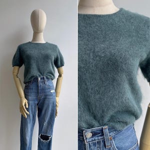 Jersey de punto de lana suave color verde azulado empolvado estilo vintage de los 80, tallas XS, S, M; jersey azul retro de cuello redondo.