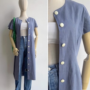 Vintage jaren 80 blauw-wit gestreepte Wiggle werkjasjurk XS-S, retro midi-jurk met knoopsluiting aan de voorkant en korte mouwen