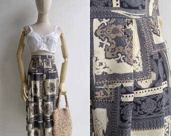 Vintage 80s Cream Baroque Print Culotte Trousers S, Retro High Waist Wide Leg Pant