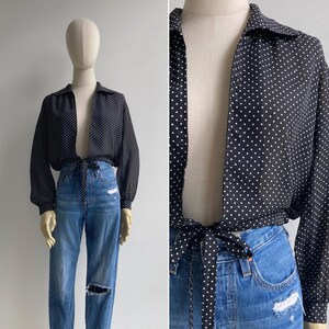 Vintage 80s Disco Polka Dot Jacket Top XS S M, Retro Cropped Blouse with Drawstring Waist & Deep Plunge Front
