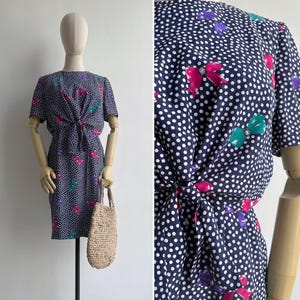 Vintage 80s Ribbons & Polka Dots Blouson Dress XS-S, Retro Navy Blue Kitschy Dress with Tie Waist Detail, Button Back
